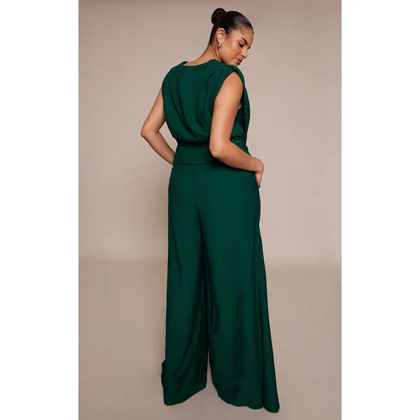 Vert Émeraude Pantalon Large Taille Haute Tissé Grande Taille Ensemble Coordonné