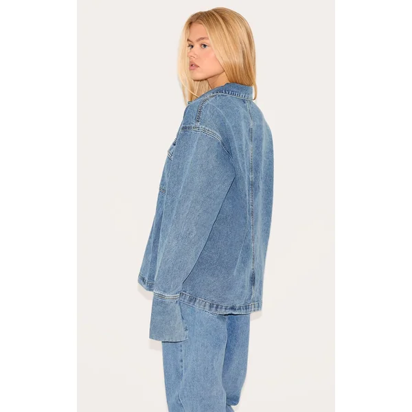 Vintage Délavé Chemise De Rugby En Denim Décontractée À Manches Longues Bleu Vintage