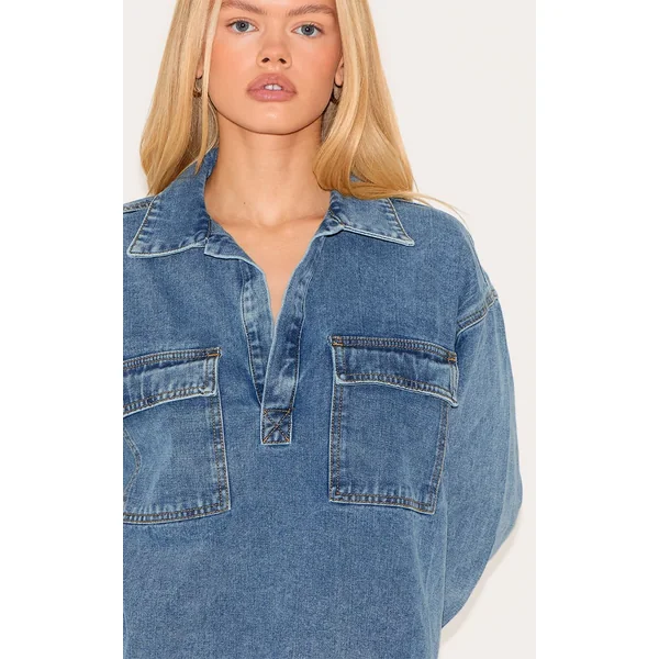 Vintage Délavé Chemise De Rugby En Denim Décontractée À Manches Longues Bleu Vintage