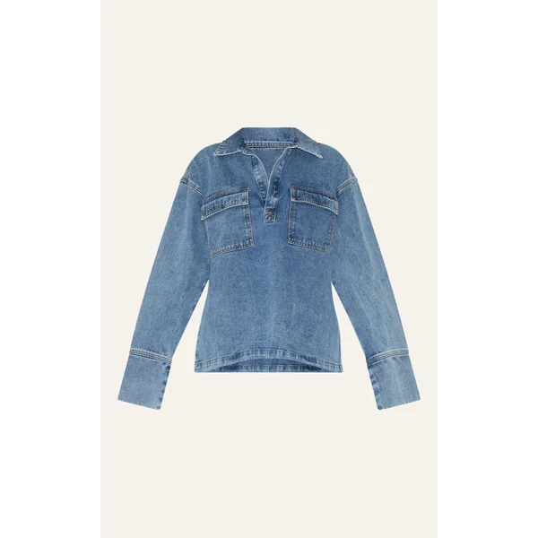 Vintage Délavé Chemise De Rugby En Denim Décontractée À Manches Longues Bleu Vintage