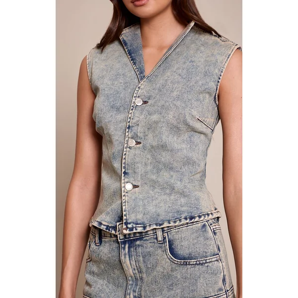 Vintage Délavé Chemise En Jean Bleu Vintage Sans Manches