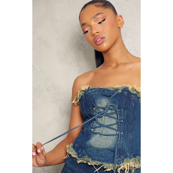 Vintage Délavé Corset En Jean Bleu Vintage À Bords Bruts Extrêmes Et Laçage