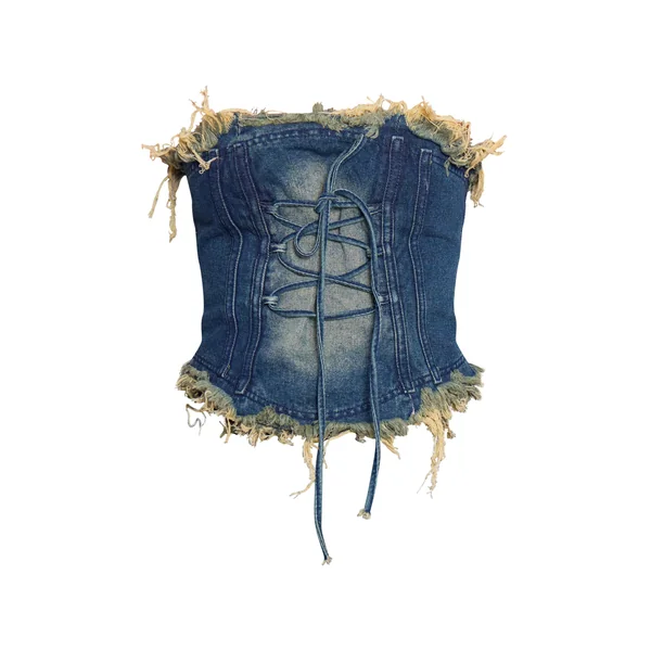 Vintage Délavé Corset En Jean Bleu Vintage À Bords Bruts Extrêmes Et Laçage