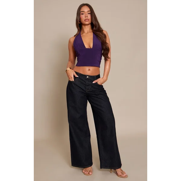 Violet Top Long Plongeant À Double Couche Satiné Avec Lien Au Cou