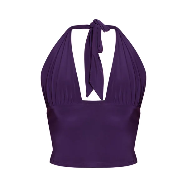 Violet Top Long Plongeant À Double Couche Satiné Avec Lien Au Cou