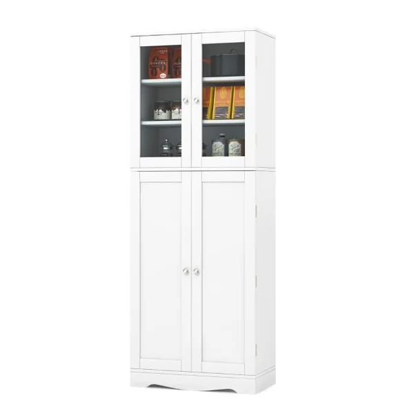Vitrine en Verre 161,5 cm Armoire Cuisine Haute avec 2 Portes Vitrées et 2 Portes Multi-Rangement Style Scandinave Blanc/Noir