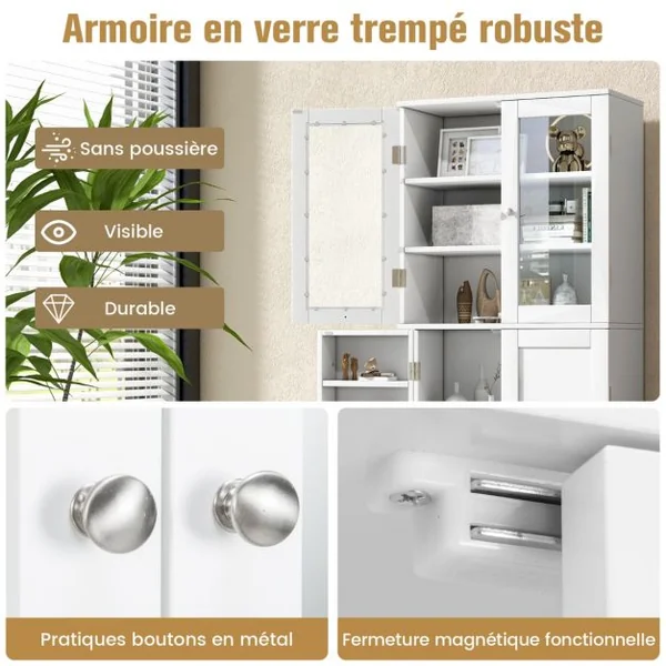 Vitrine en Verre 161,5 cm Armoire Cuisine Haute avec 2 Portes Vitrées et 2 Portes Multi-Rangement Style Scandinave Blanc/Noir