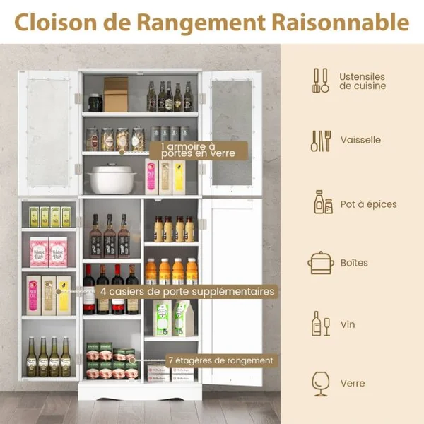 Vitrine en Verre 161,5 cm Armoire Cuisine Haute avec 2 Portes Vitrées et 2 Portes Multi-Rangement Style Scandinave Blanc/Noir