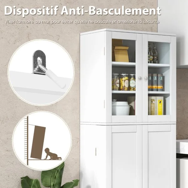 Vitrine en Verre 161,5 cm Armoire Cuisine Haute avec 2 Portes Vitrées et 2 Portes Multi-Rangement Style Scandinave Blanc/Noir