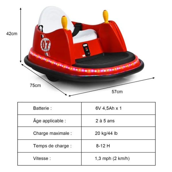 Voiture Auto Tamponneuse Électrique 6V pour Enfants 2-5 Ans avec Télécommande Effet Sonore et Lumineux 57x75x42cm Bleu/Rouge/Rose/Violet/Vert