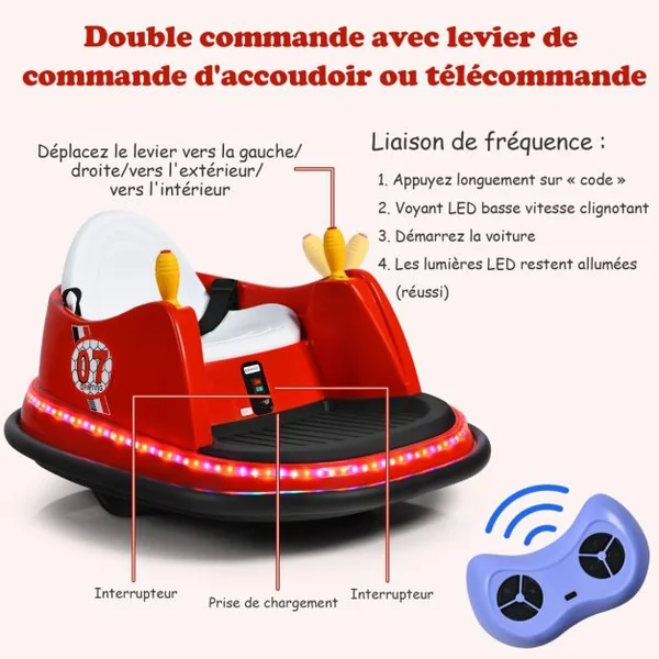 Voiture Auto Tamponneuse Électrique 6V pour Enfants 2-5 Ans avec Télécommande Effet Sonore et Lumineux 57x75x42cm Bleu/Rouge/Rose/Violet/Vert