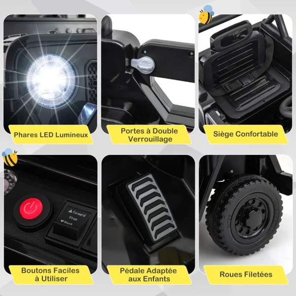 Voiture Camion 12 V pour Enfants de 3 Ans+ Véhicule Electrique avec Télécommande 3 Vitesses Lumières LED Musique Klaxon Histoire Noir