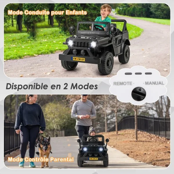 Voiture Camion 12 V pour Enfants de 3 Ans+ Véhicule Electrique avec Télécommande 3 Vitesses Lumières LED Musique Klaxon Histoire Noir
