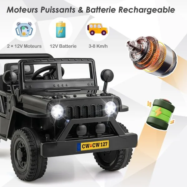 Voiture Camion 12 V pour Enfants de 3 Ans+ Véhicule Electrique avec Télécommande 3 Vitesses Lumières LED Musique Klaxon Histoire Noir