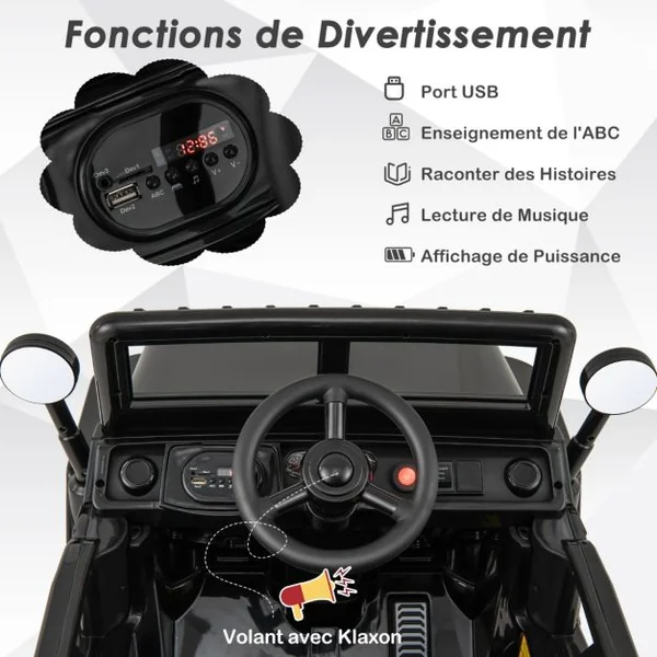 Voiture Camion 12 V pour Enfants de 3 Ans+ Véhicule Electrique avec Télécommande 3 Vitesses Lumières LED Musique Klaxon Histoire Noir