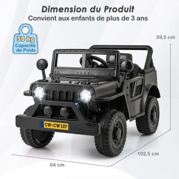 Voiture Camion 12 V pour Enfants de 3 Ans+ Véhicule Electrique avec Télécommande 3 Vitesses Lumières LED Musique Klaxon Histoire Noir