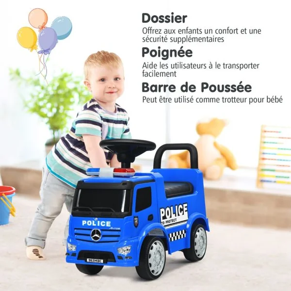 Voiture de Police pour Enfants Voiture Pied au Sol Sous Licence Mercedes Benz avec Volant Dossier Sécurisé pour les Tout-petits Bleu