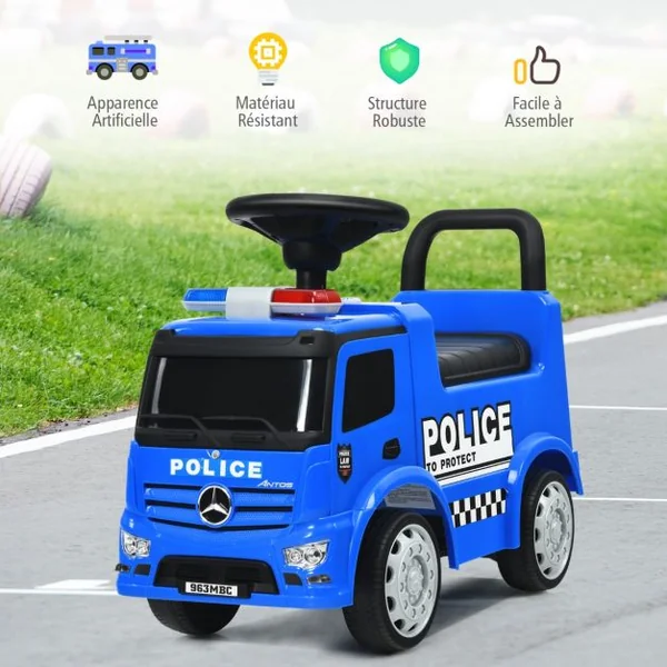 Voiture de Police pour Enfants Voiture Pied au Sol Sous Licence Mercedes Benz avec Volant Dossier Sécurisé pour les Tout-petits Bleu