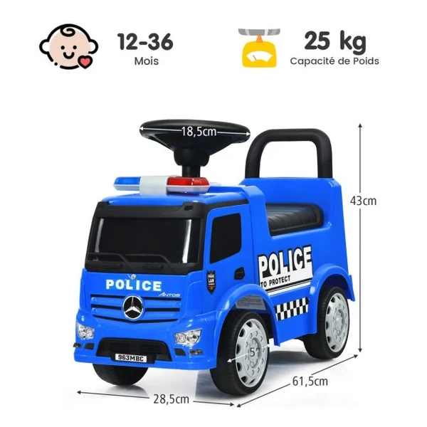 Voiture de Police pour Enfants Voiture Pied au Sol Sous Licence Mercedes Benz avec Volant Dossier Sécurisé pour les Tout-petits Bleu