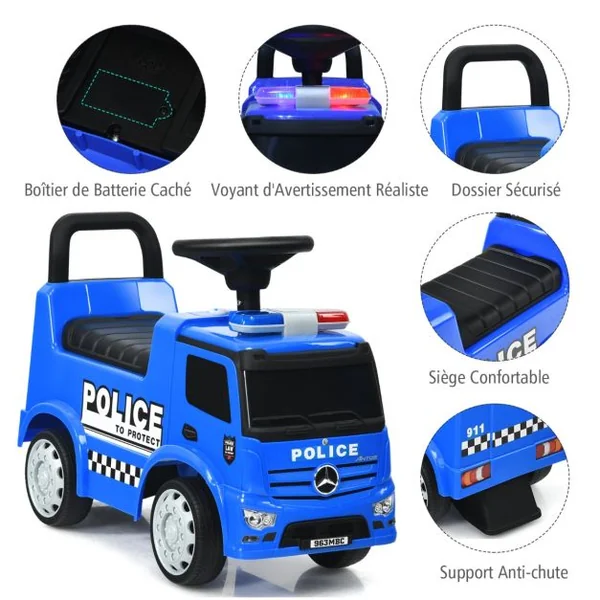 Voiture de Police pour Enfants Voiture Pied au Sol Sous Licence Mercedes Benz avec Volant Dossier Sécurisé pour les Tout-petits Bleu