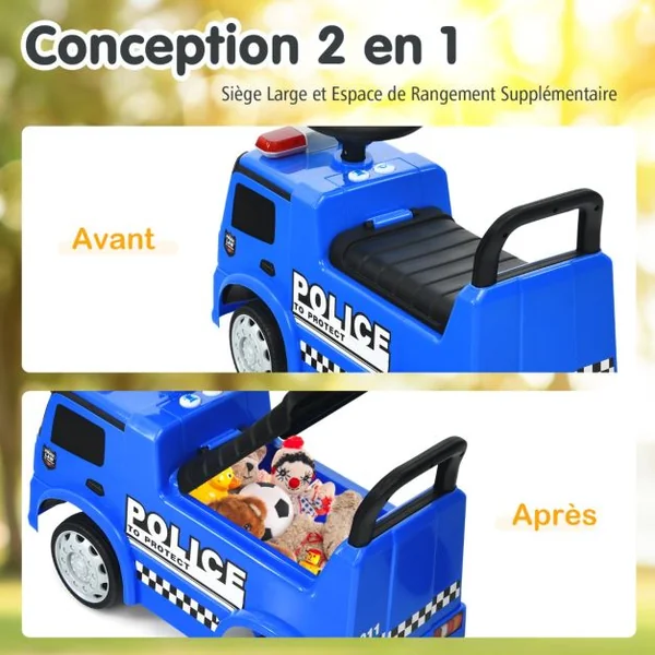 Voiture de Police pour Enfants Voiture Pied au Sol Sous Licence Mercedes Benz avec Volant Dossier Sécurisé pour les Tout-petits Bleu