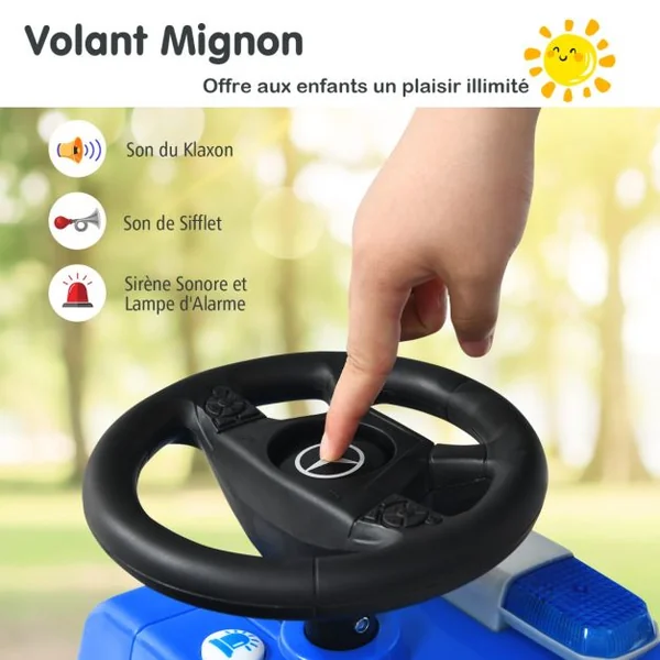 Voiture de Police pour Enfants Voiture Pied au Sol Sous Licence Mercedes Benz avec Volant Dossier Sécurisé pour les Tout-petits Bleu