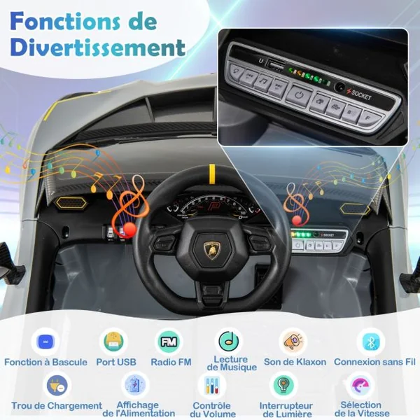 Voiture de Sport 12V pour Enfants Sous Licence Lamborghini Alimenté par Batterie 4 Roues Motrices Télécommande Lumières LED Rose