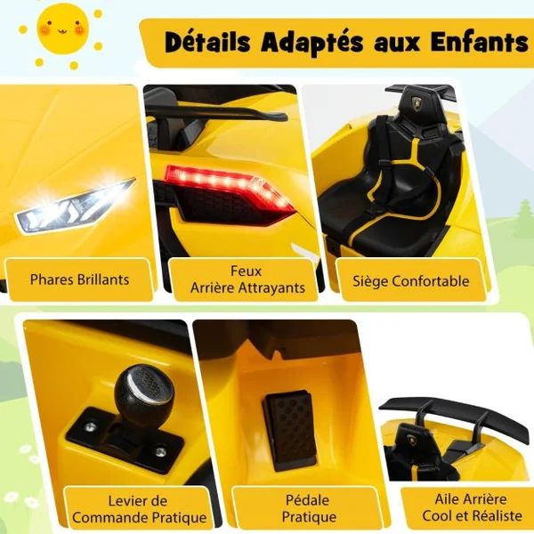 Voiture de Sport Sous Licence Lamborghini pour Enfants de +3 Ans Batterie 12 V Télécommande Lumières LED Musique Klaxon Jaune