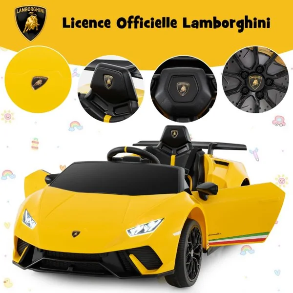 Voiture de Sport Sous Licence Lamborghini pour Enfants de +3 Ans Batterie 12 V Télécommande Lumières LED Musique Klaxon Jaune