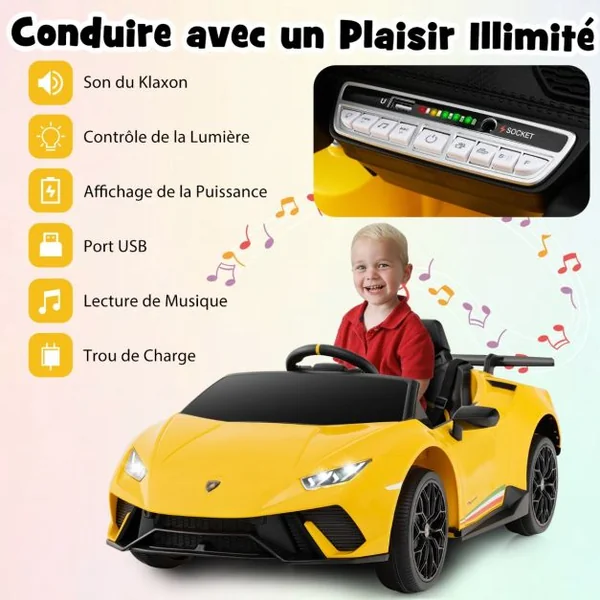 Voiture de Sport Sous Licence Lamborghini pour Enfants de +3 Ans Batterie 12 V Télécommande Lumières LED Musique Klaxon Jaune