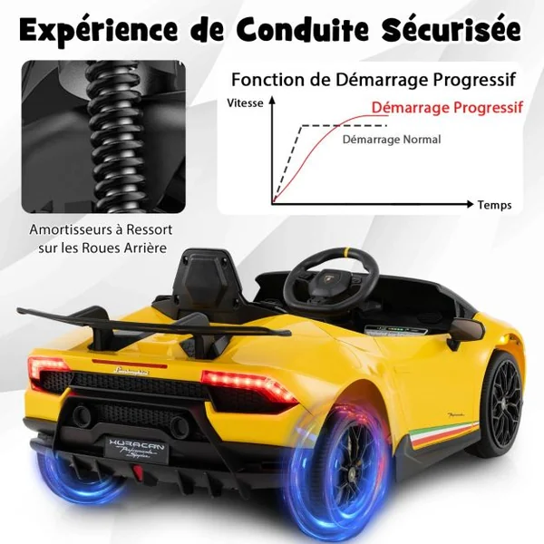 Voiture de Sport Sous Licence Lamborghini pour Enfants de +3 Ans Batterie 12 V Télécommande Lumières LED Musique Klaxon Jaune
