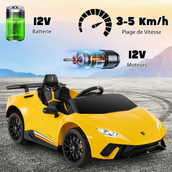 Voiture de Sport Sous Licence Lamborghini pour Enfants de +3 Ans Batterie 12 V Télécommande Lumières LED Musique Klaxon Jaune