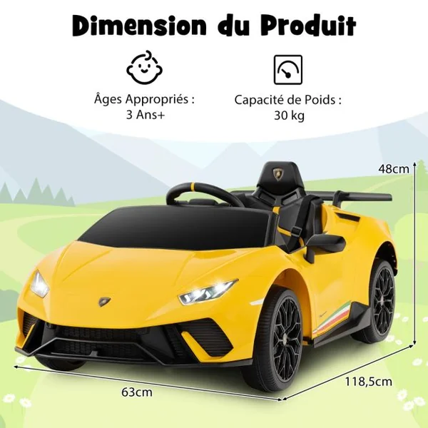 Voiture de Sport Sous Licence Lamborghini pour Enfants de +3 Ans Batterie 12 V Télécommande Lumières LED Musique Klaxon Jaune