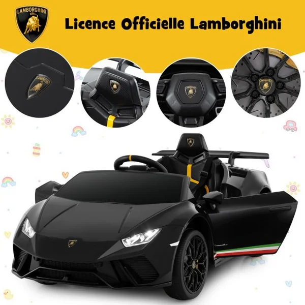 Voiture de Sport Sous Licence Lamborghini pour Enfants de +3 Ans Batterie 12 V Télécommande Lumières LED Musique Klaxon Noir