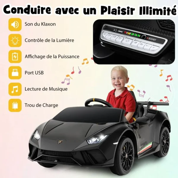 Voiture de Sport Sous Licence Lamborghini pour Enfants de +3 Ans Batterie 12 V Télécommande Lumières LED Musique Klaxon Noir