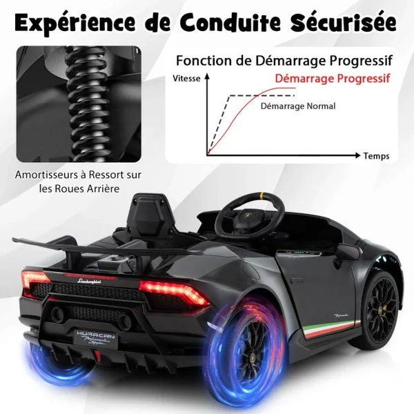 Voiture de Sport Sous Licence Lamborghini pour Enfants de +3 Ans Batterie 12 V Télécommande Lumières LED Musique Klaxon Noir