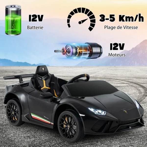Voiture de Sport Sous Licence Lamborghini pour Enfants de +3 Ans Batterie 12 V Télécommande Lumières LED Musique Klaxon Noir
