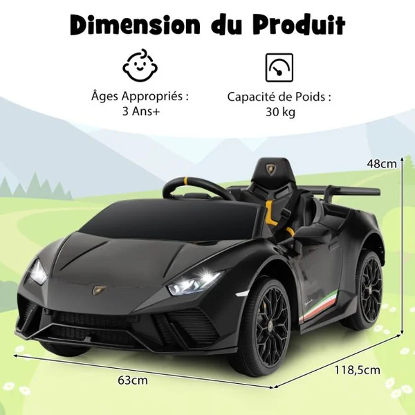 Voiture de Sport Sous Licence Lamborghini pour Enfants de +3 Ans Batterie 12 V Télécommande Lumières LED Musique Klaxon Noir