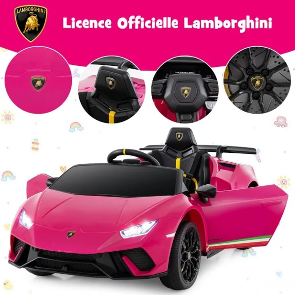 Voiture de Sport Sous Licence Lamborghini pour Enfants de +3 Ans Batterie 12 V Télécommande Lumières LED Musique Klaxon Rose