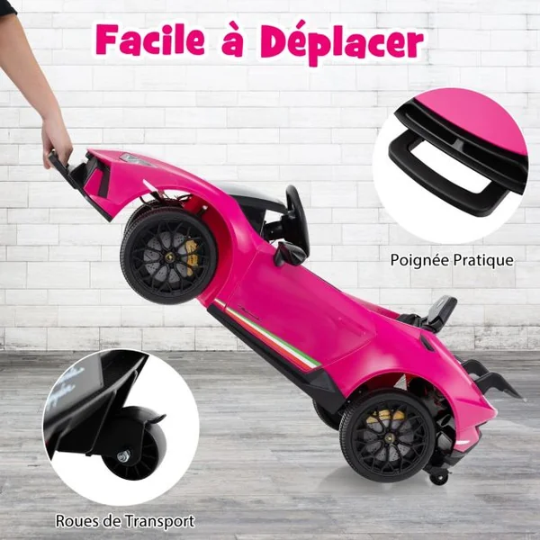 Voiture de Sport Sous Licence Lamborghini pour Enfants de +3 Ans Batterie 12 V Télécommande Lumières LED Musique Klaxon Rose