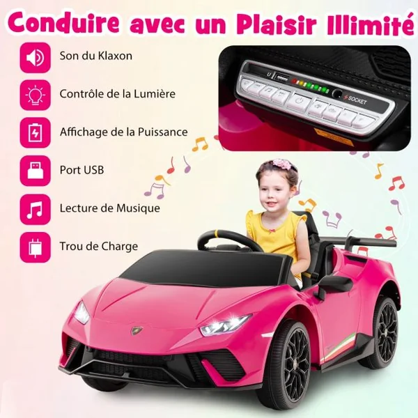Voiture de Sport Sous Licence Lamborghini pour Enfants de +3 Ans Batterie 12 V Télécommande Lumières LED Musique Klaxon Rose