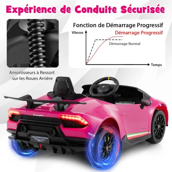 Voiture de Sport Sous Licence Lamborghini pour Enfants de +3 Ans Batterie 12 V Télécommande Lumières LED Musique Klaxon Rose