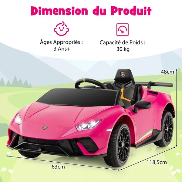 Voiture de Sport Sous Licence Lamborghini pour Enfants de +3 Ans Batterie 12 V Télécommande Lumières LED Musique Klaxon Rose