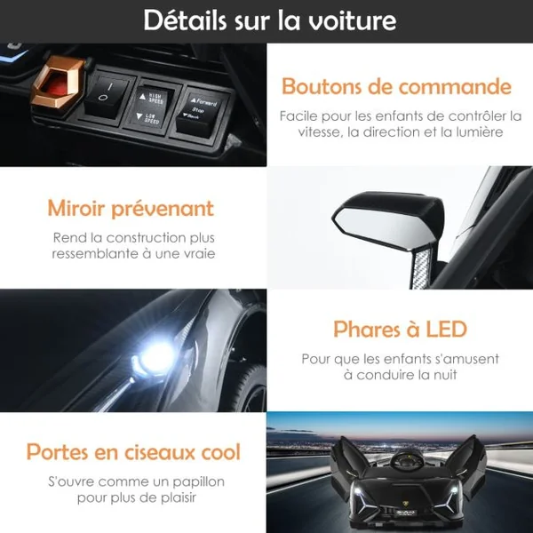 Voiture de Sport Électrique 12V pour Enfants 3-8Ans 2 Portes Papillons Effets Sonores et Lumineux 108x64x41cm Noir/Jaune/Vert/Blanc/Rose/Rouge