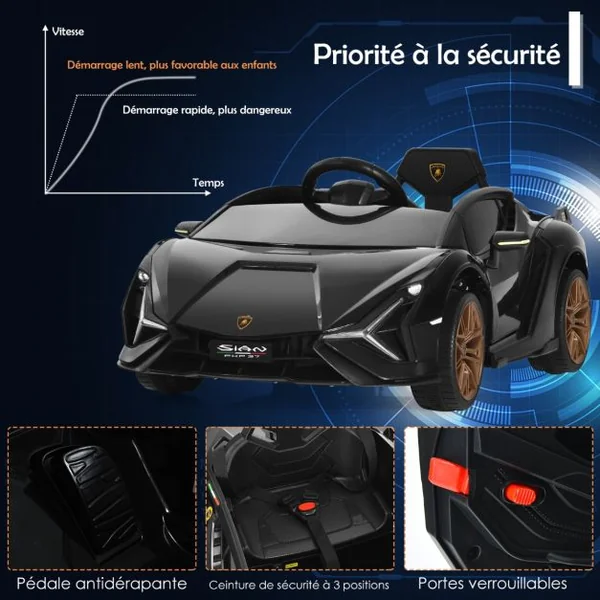 Voiture de Sport Électrique 12V pour Enfants 3-8Ans 2 Portes Papillons Effets Sonores et Lumineux 108x64x41cm Noir/Jaune/Vert/Blanc/Rose/Rouge