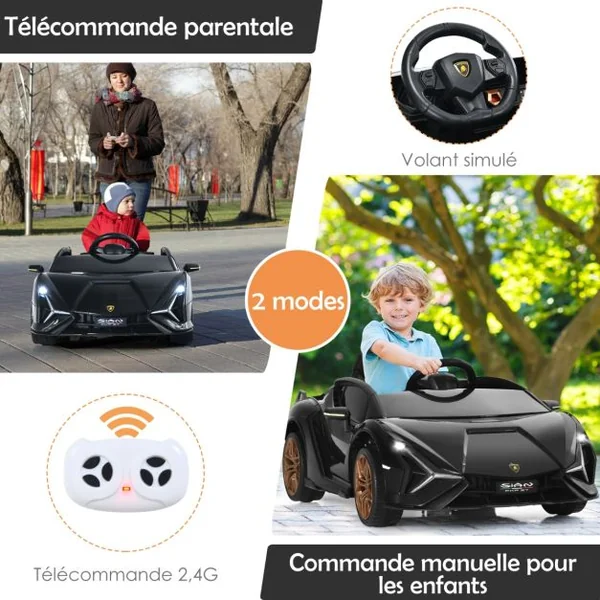 Voiture de Sport Électrique 12V pour Enfants 3-8Ans 2 Portes Papillons Effets Sonores et Lumineux 108x64x41cm Noir/Jaune/Vert/Blanc/Rose/Rouge