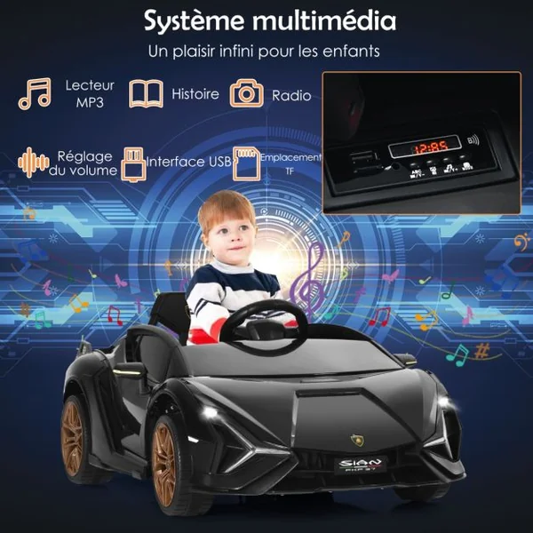 Voiture de Sport Électrique 12V pour Enfants 3-8Ans 2 Portes Papillons Effets Sonores et Lumineux 108x64x41cm Noir/Jaune/Vert/Blanc/Rose/Rouge