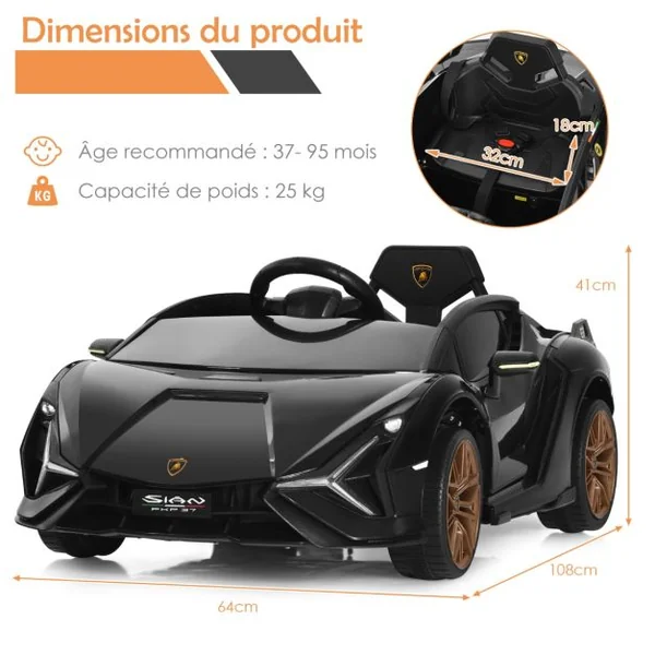 Voiture de Sport Électrique 12V pour Enfants 3-8Ans 2 Portes Papillons Effets Sonores et Lumineux 108x64x41cm Noir/Jaune/Vert/Blanc/Rose/Rouge