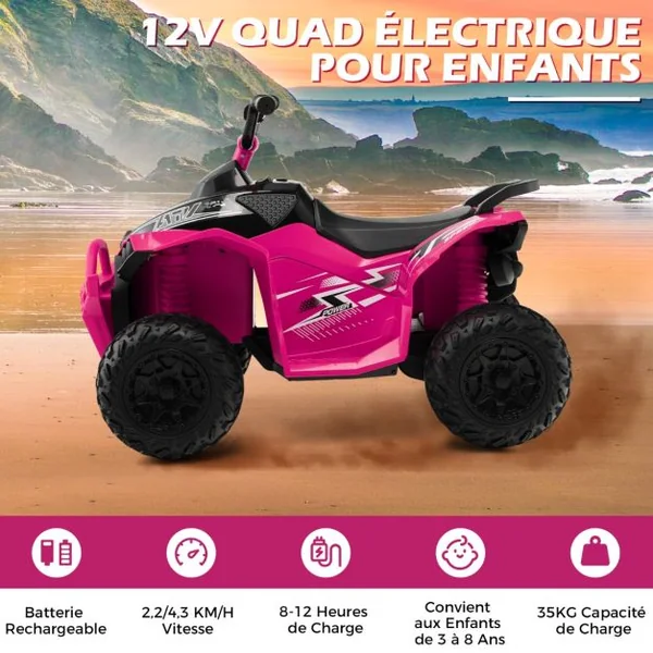 Voiture Electrique 12 V pour Enfants Quad pour Enfants de 3-8 Ans Vitesse Elevée/Basse Siège Confortable Roues Larges Jaune/Rouge/Rose/Vert