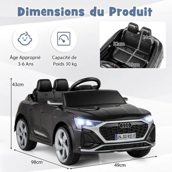 Voiture Electrique 12 V pour Enfants Sous Licence Audi SQ8 avec Télécommande Klaxon Lumières LED Musique 3 Vitesses pour 3 Ans+ Rose/Noir/Blanc